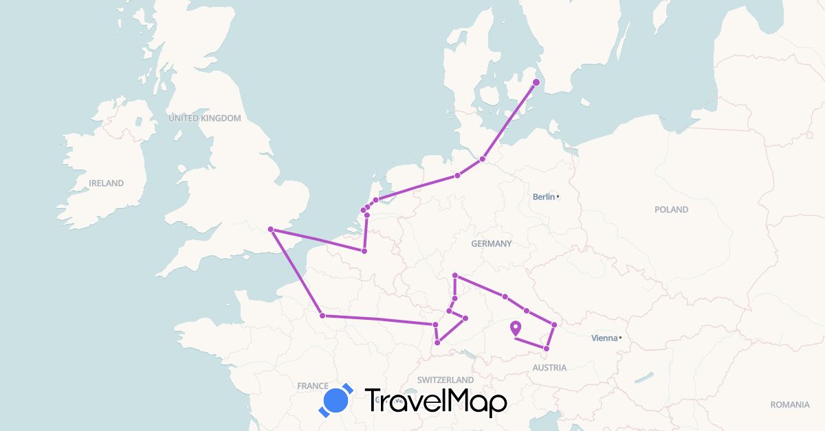 TravelMap itinerary: driving, train in Austria, Belgium, Germany, Denmark, France, United Kingdom, Netherlands (Europe)