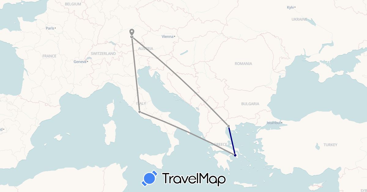 TravelMap itinerary: driving, plane in Germany, Greece, Italy (Europe)