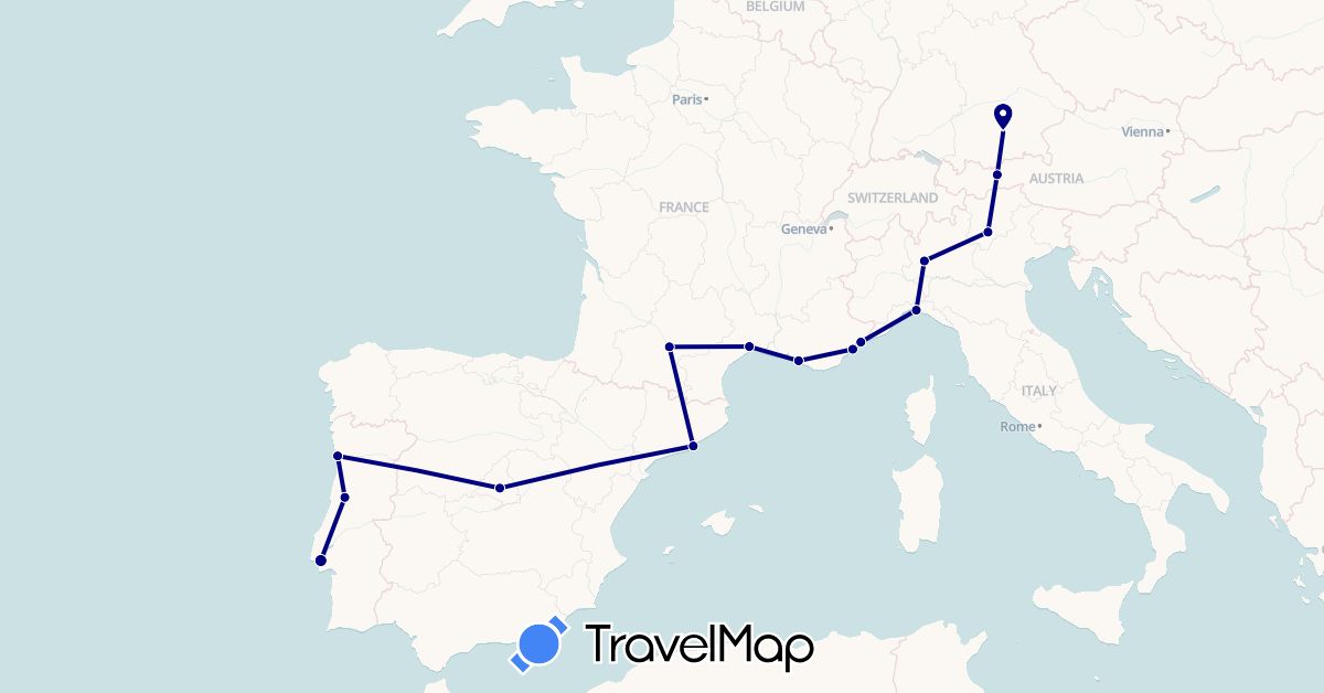 TravelMap itinerary: driving in Austria, Germany, Spain, France, Italy, Portugal (Europe)